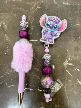 Purple Fur Hearts Nurse Stitch Beaded Pen and Matching Badge Reel Set Handmade